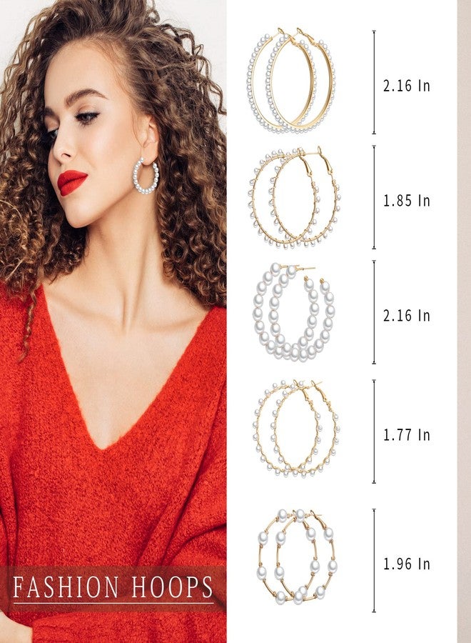 Adoshine Faux Pearl Hoop Earrings for Women Lightweight Open Large Circle Heart Dangle Drop Open Huge Earrings Artificial Pearl Beaded Earrings Brides Jewelry (9 Pairs) - Image 2